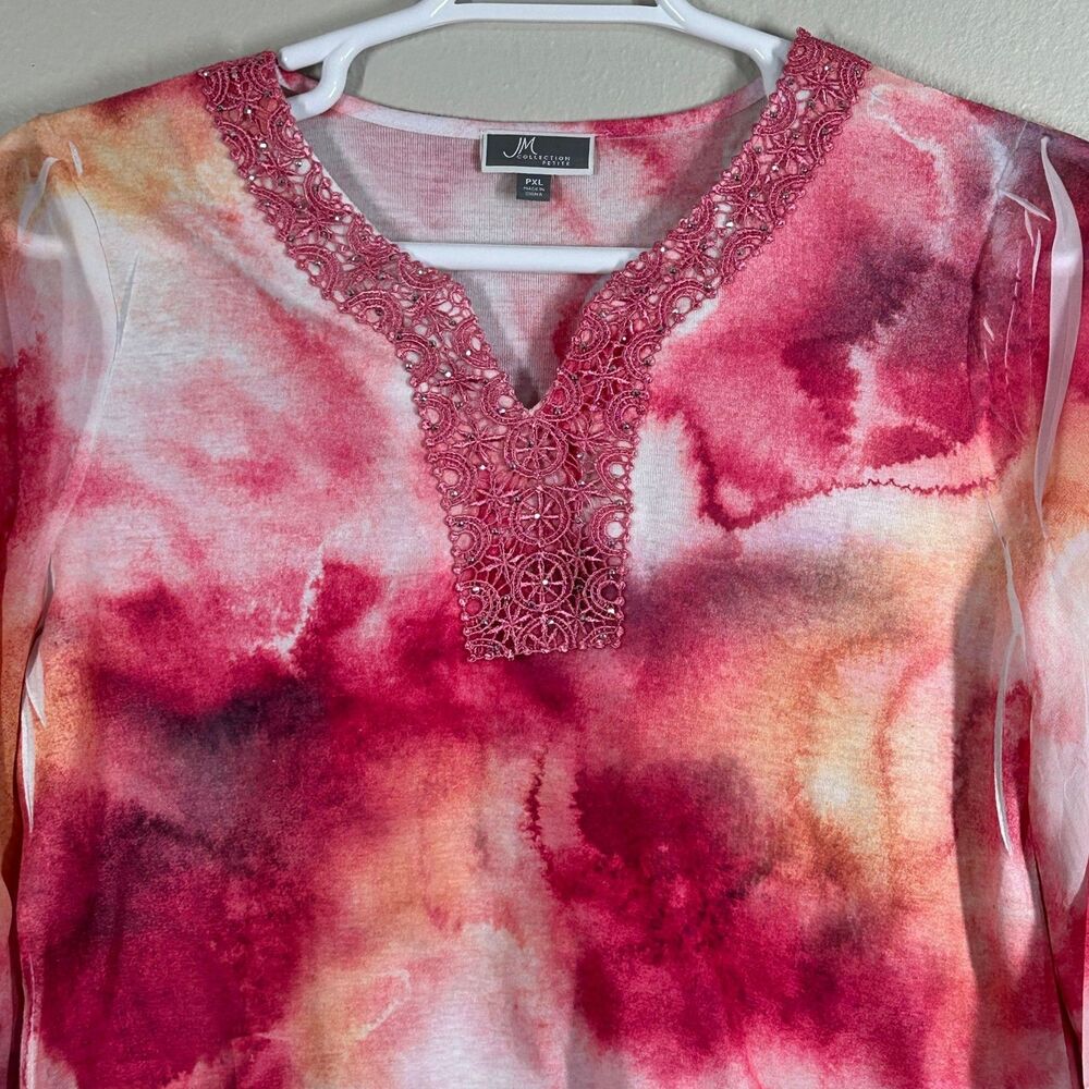 JM Collection Blouse Womens PXL Embellished V-Neck 3/4 Sleeve Watercolor Pink